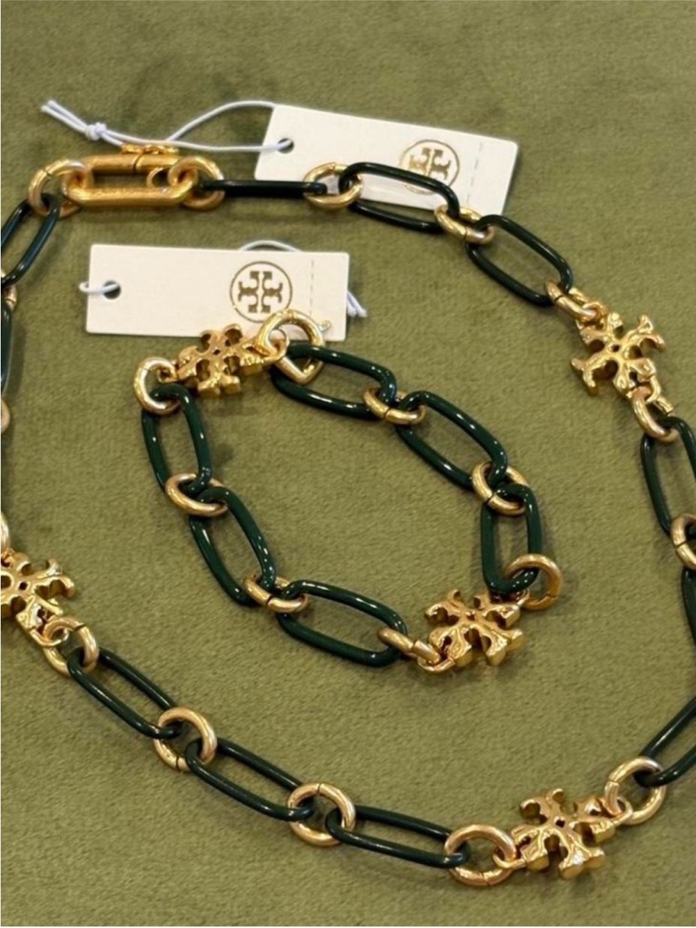 Tory Burch Dark Green Enamel and Gold-Link Necklace & Bracelet Set NEW $225